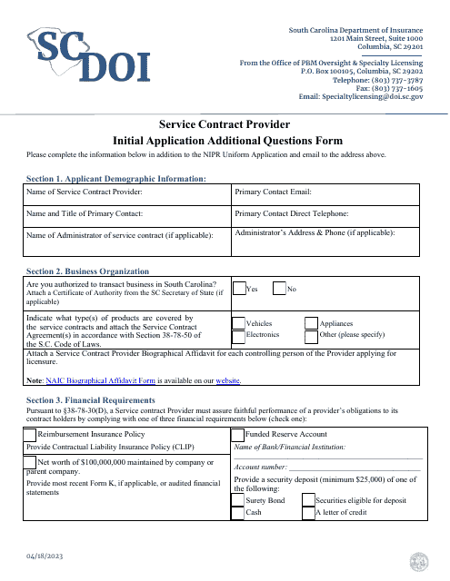 Service Contract Provider Initial Application Additional Questions Form - South Carolina