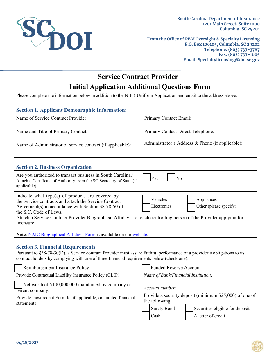 Initial Service Connection Form.pdf South Carolina Service Contract Provider Initial Application Additional ...