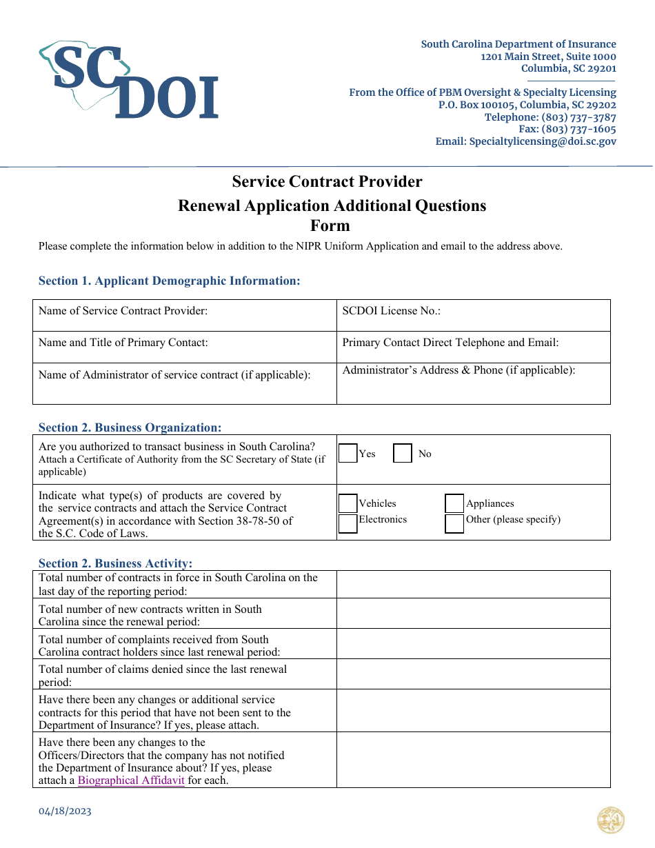 Service Contract Provider Renewal Application Additional Questions Form - South Carolina, Page 1