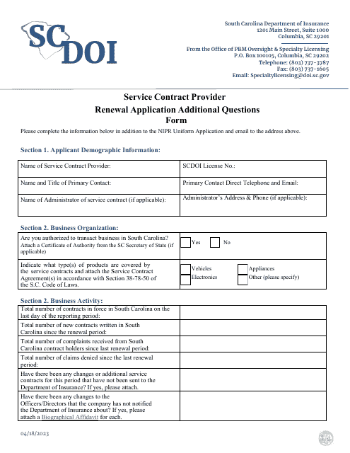 Service Contract Provider Renewal Application Additional Questions Form - South Carolina Download Pdf