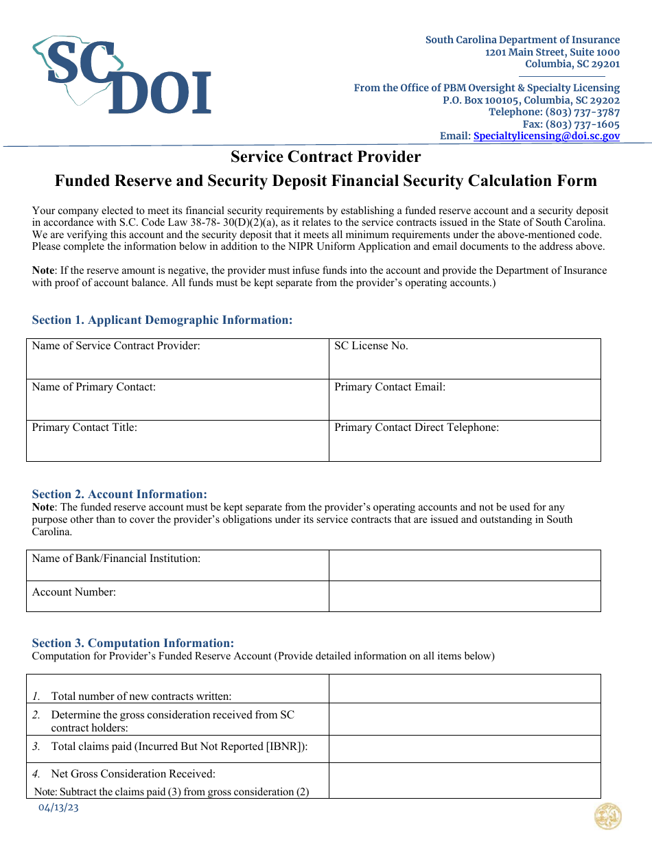 Service Contract Provider Funded Reserve and Security Deposit Financial Security Calculation Form - South Carolina, Page 1