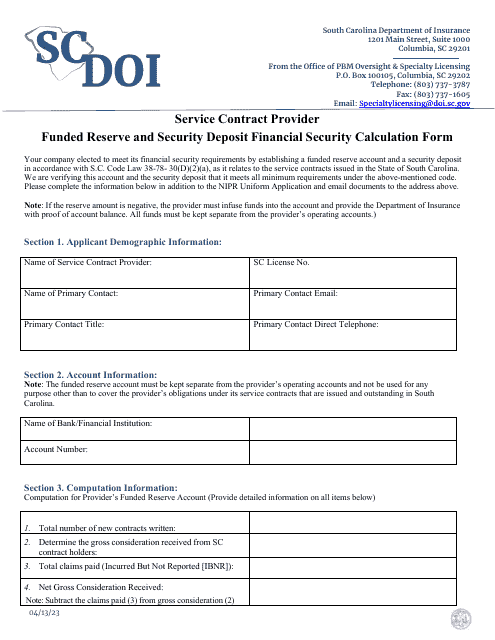 Service Contract Provider Funded Reserve and Security Deposit Financial Security Calculation Form - South Carolina Download Pdf