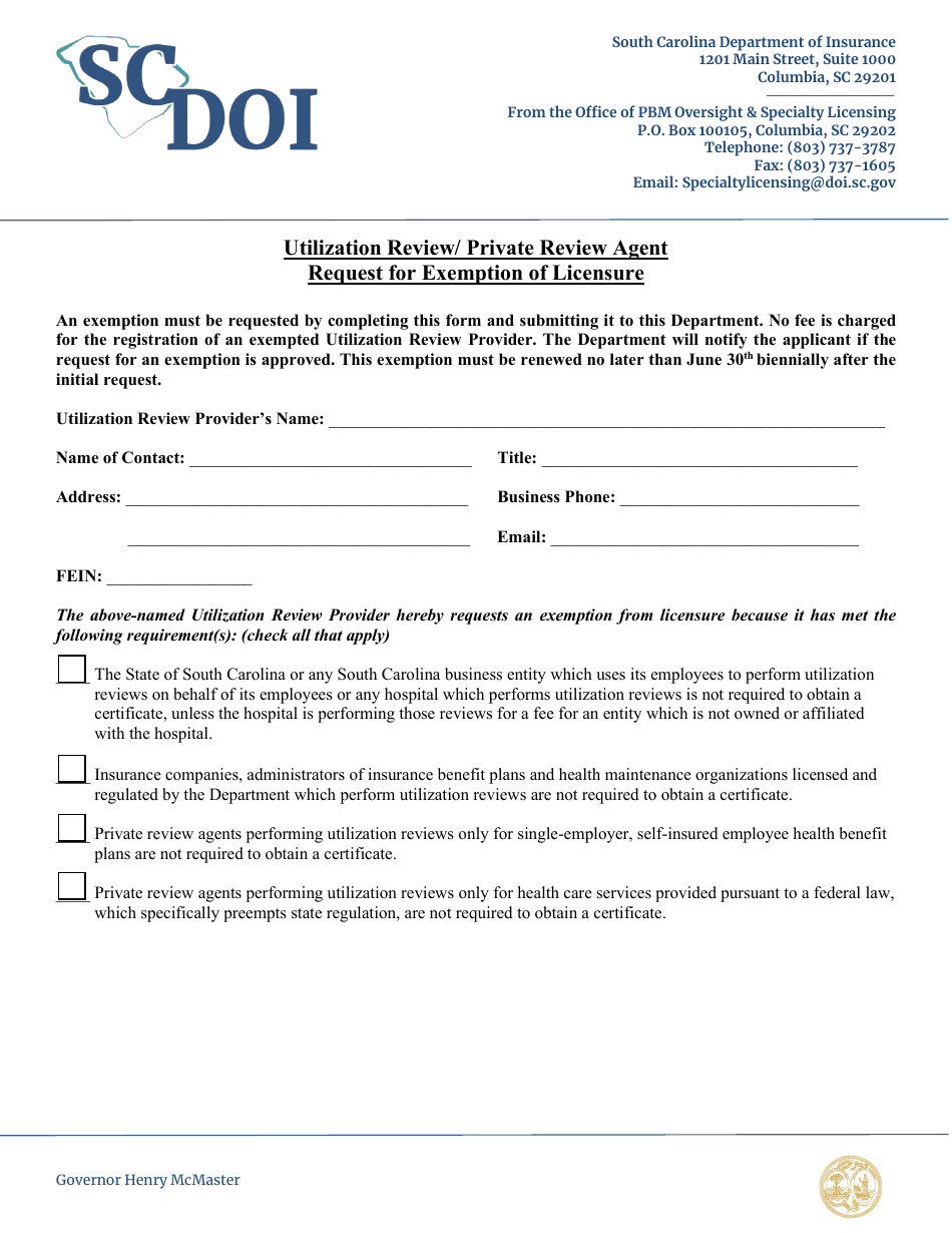 Utilization Review / Private Review Agent Request for Exemption of Licensure - South Carolina, Page 1