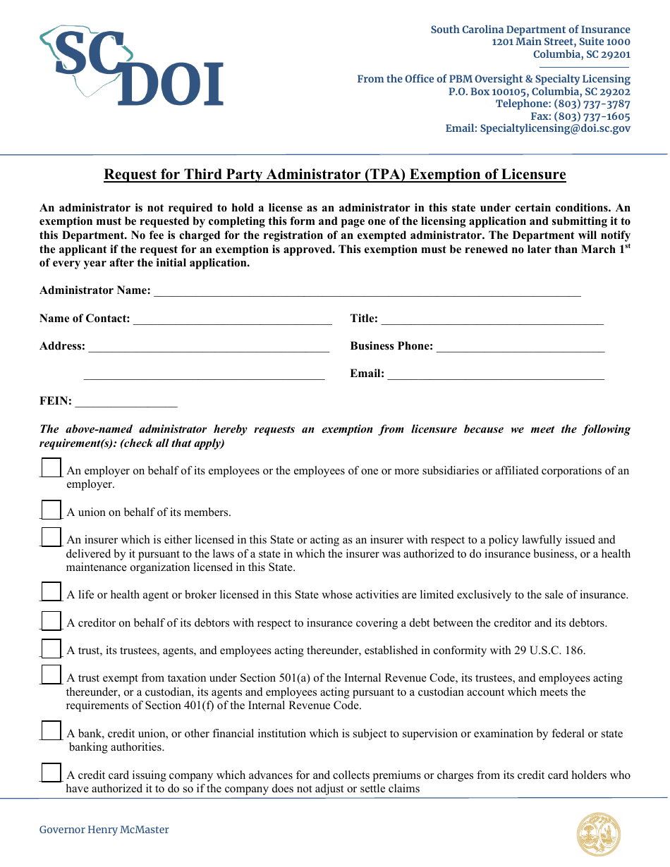 Request for Third Party Administrator (Tpa) Exemption of Licensure - South Carolina, Page 1