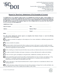 Document preview: Request for Third Party Administrator (Tpa) Exemption of Licensure - South Carolina
