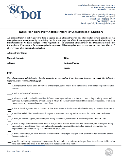 Request for Third Party Administrator (Tpa) Exemption of Licensure - South Carolina Download Pdf