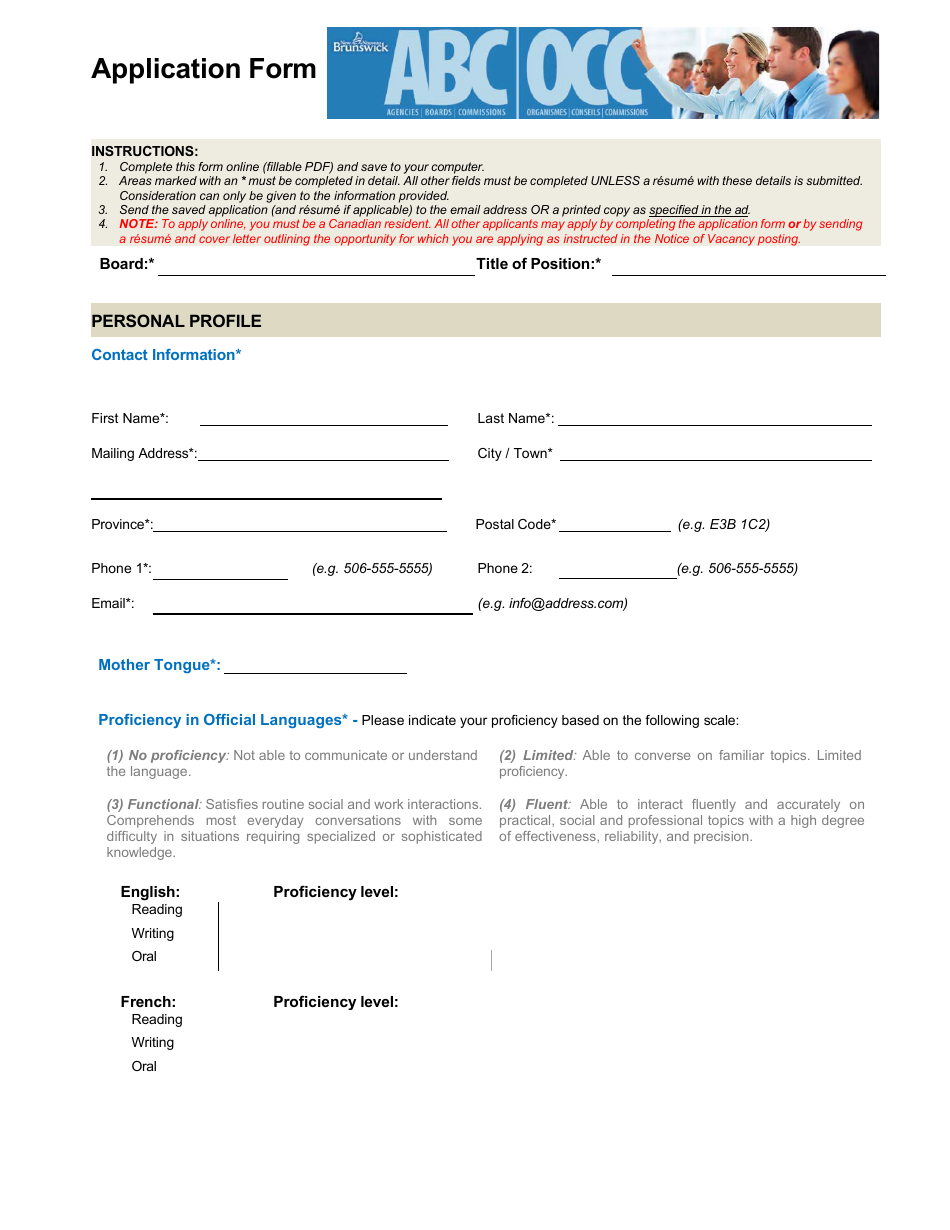 Application Form - New Brunswick, Canada, Page 1