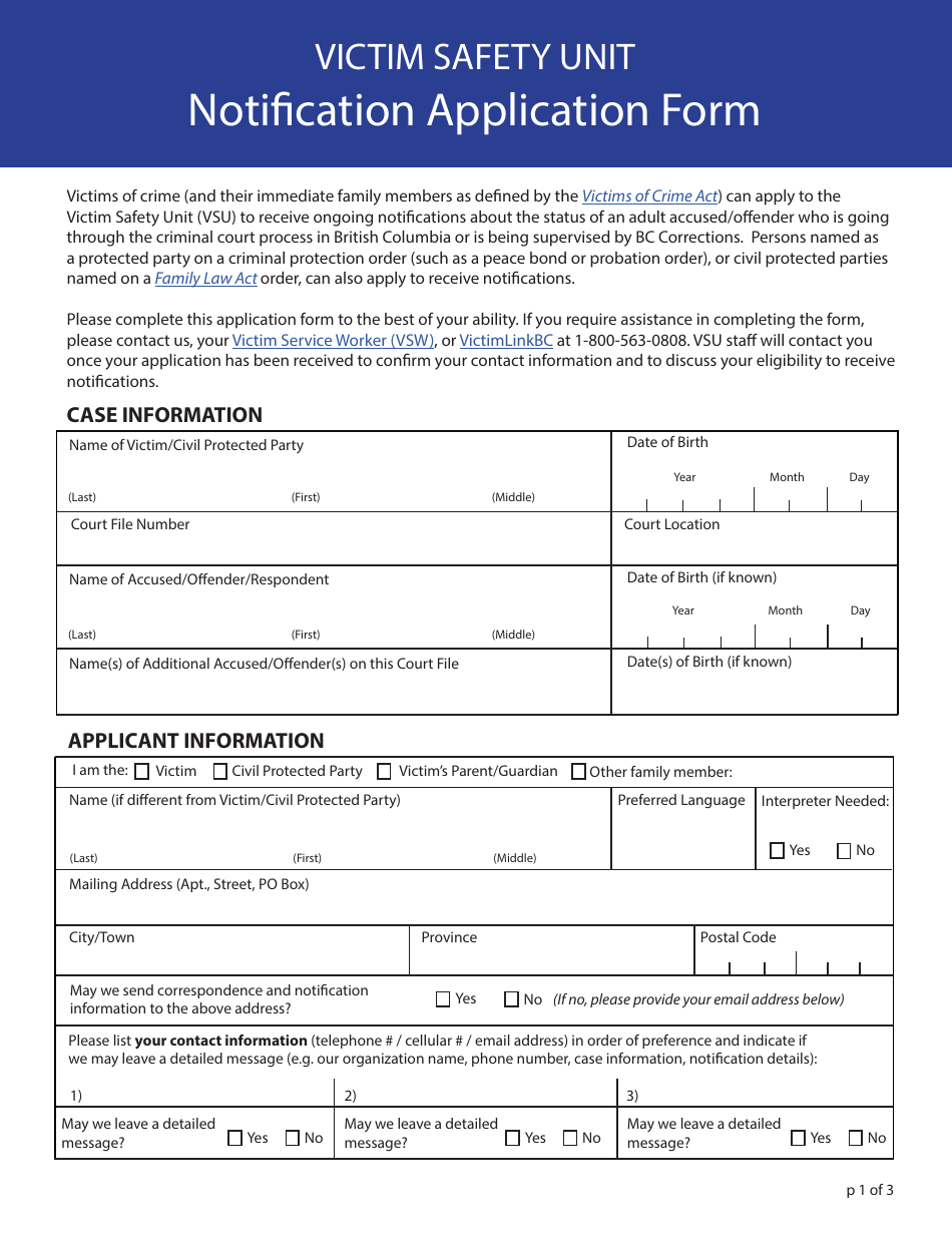 Notification Application Form - British Columbia, Canada, Page 1