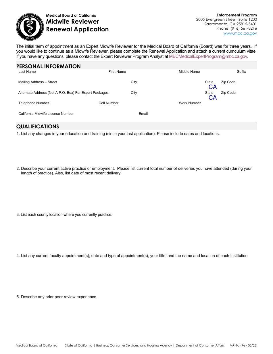 Form MR-1A Midwife Reviewer Renewal Application - California, Page 1