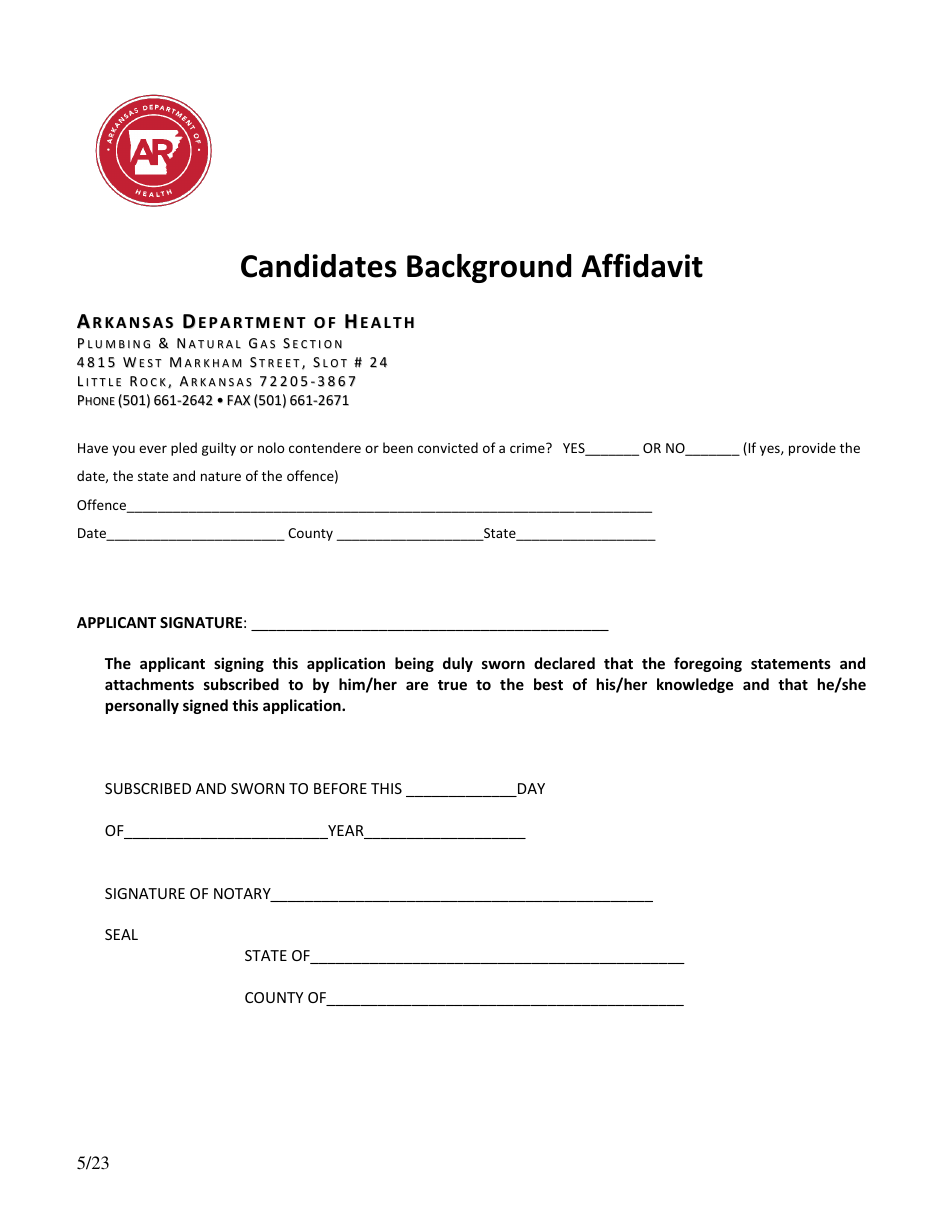 Arkansas Candidates Background Affidavit Download Printable PDF