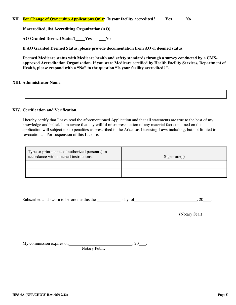 Form HFS-9A Application for License to Conduct a Hospital or Related Institution - Arkansas, Page 5