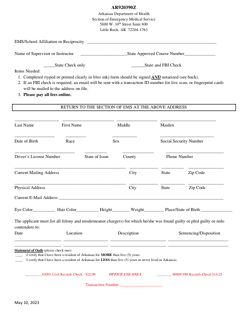 Form AR920390Z EMS State Background Form - Arkansas