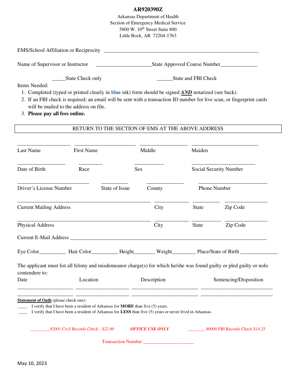 Form AR920390Z EMS State Background Form - Arkansas, Page 1