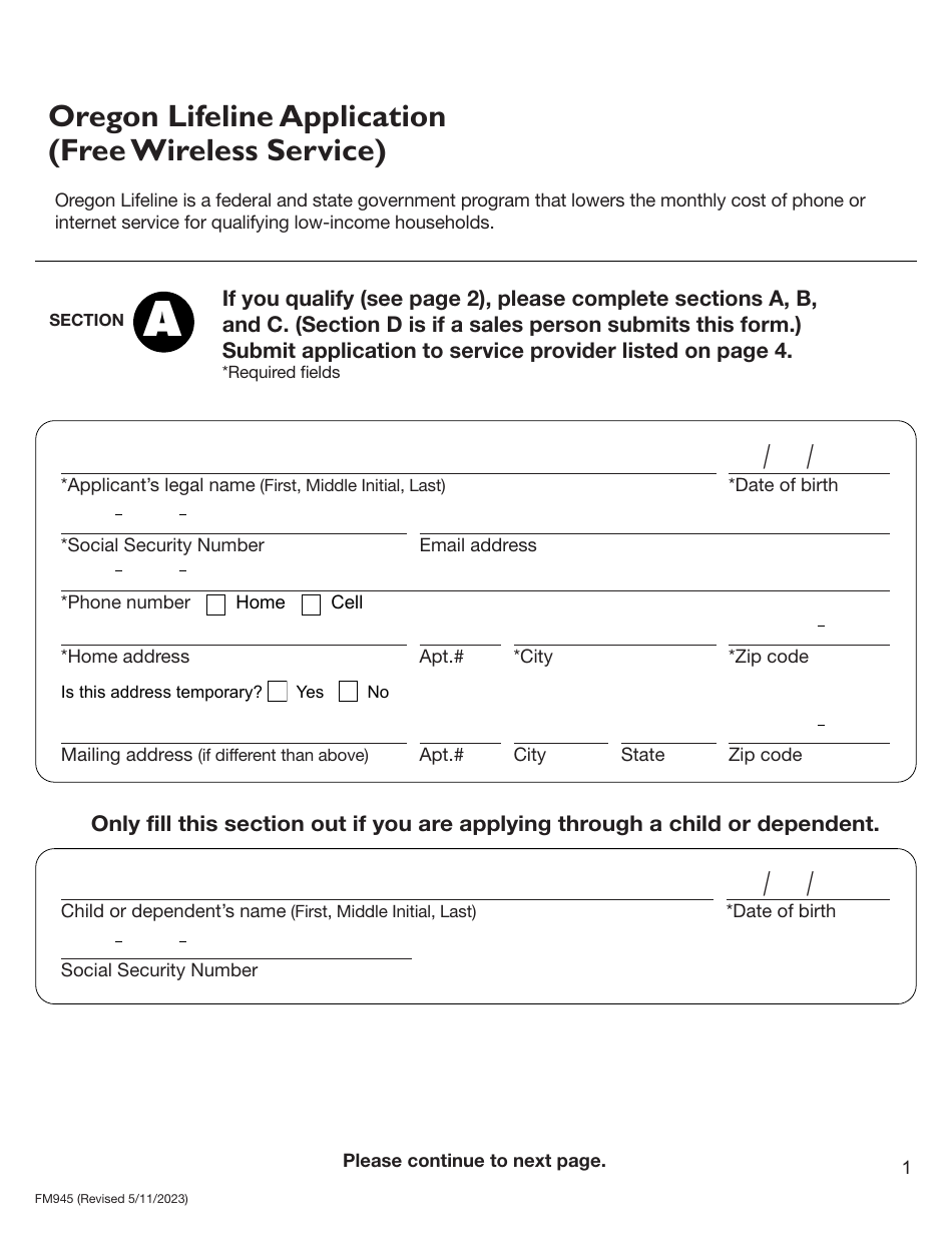 Form FM945 Oregon Lifeline Application (Free Wireless Service) - Oregon, Page 1