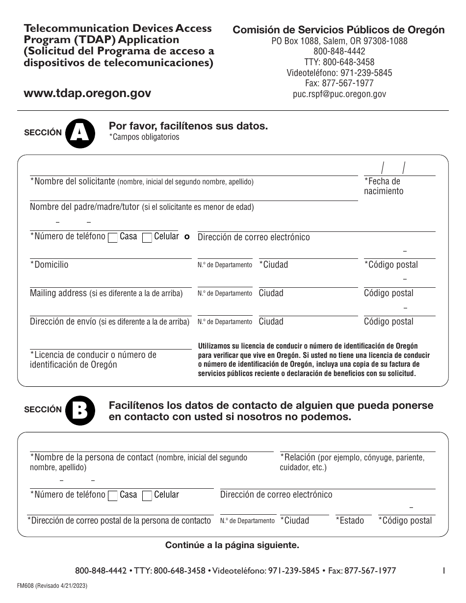 Formulario FM608 Solicitud Del Programa De Acceso a Dispositivos De Telecomunicaciones - Oregon (Spanish), Page 1
