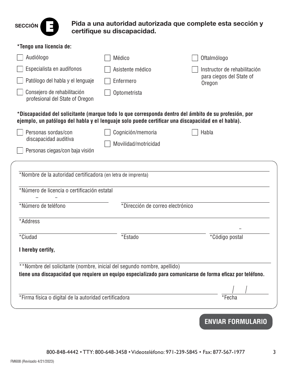 Formulario FM608 Solicitud Del Programa De Acceso a Dispositivos De Telecomunicaciones - Oregon (Spanish), Page 3