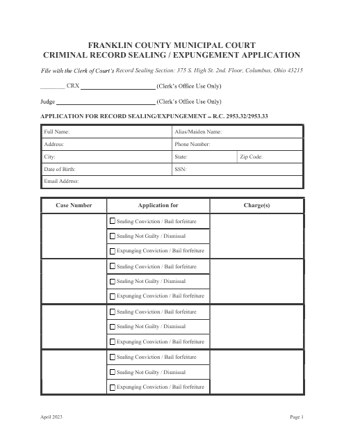 Franklin County Ohio Criminal Record Sealingexpungement Application Fill Out Sign Online 1701