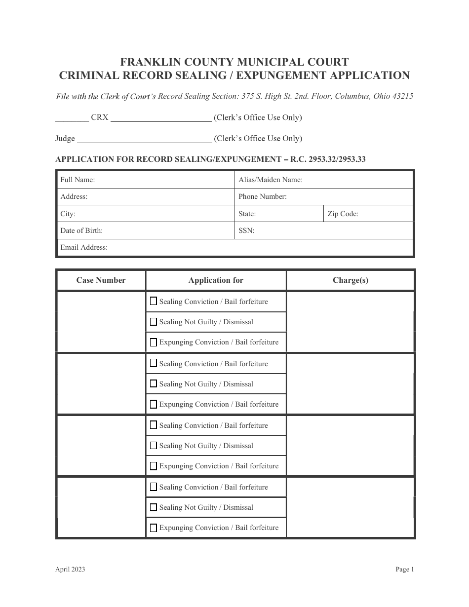 Franklin County, Ohio Criminal Record Sealing/Expungement Application