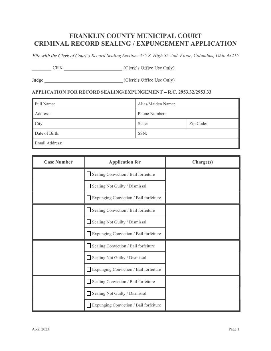 Franklin County Ohio Criminal Record Sealingexpungement Application Fill Out Sign Online 5684