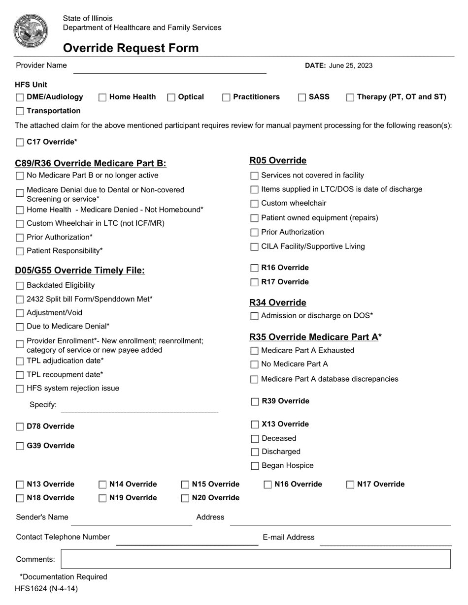 Form HFS1624 Override Request Form - Illinois, Page 1