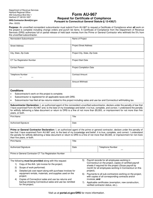 Form AU-967 Request for Certificate of Compliance Pursuant to Connecticut General Statute 12-430(7) - Connecticut