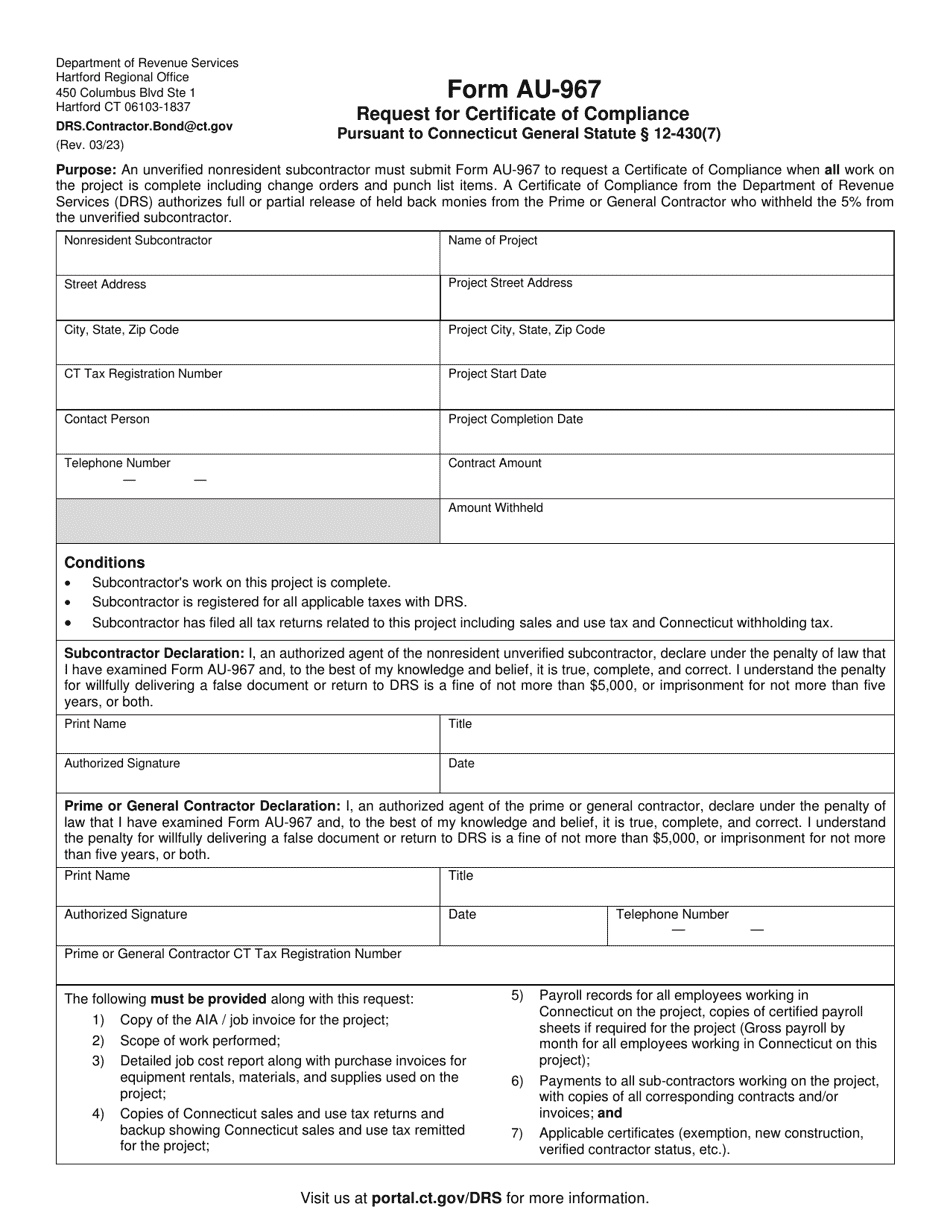 Form AU-967 Request for Certificate of Compliance Pursuant to Connecticut General Statute 12-430(7) - Connecticut, Page 1