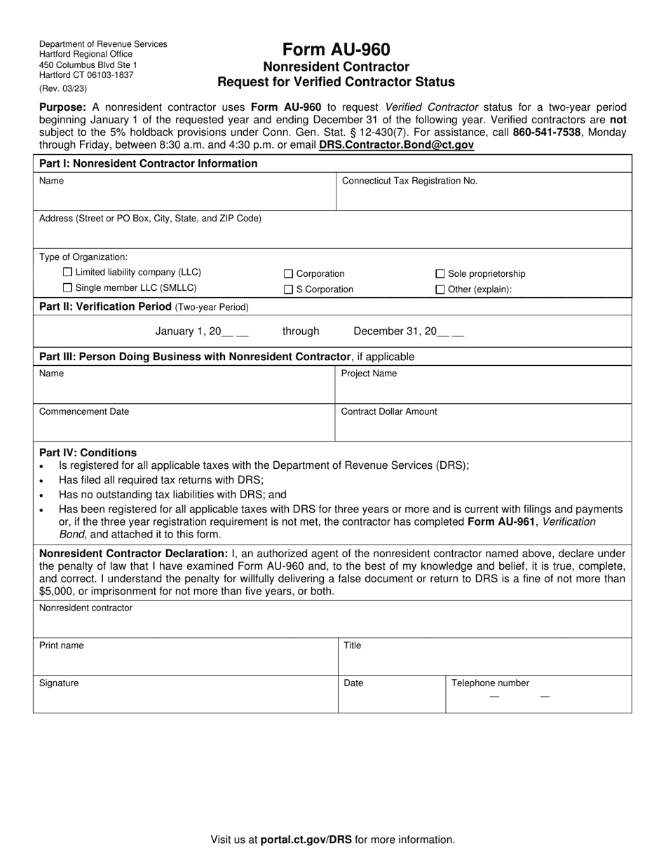 Form AU-960 Nonresident Contractor Request for Verified Contractor Status - Connecticut, Page 1