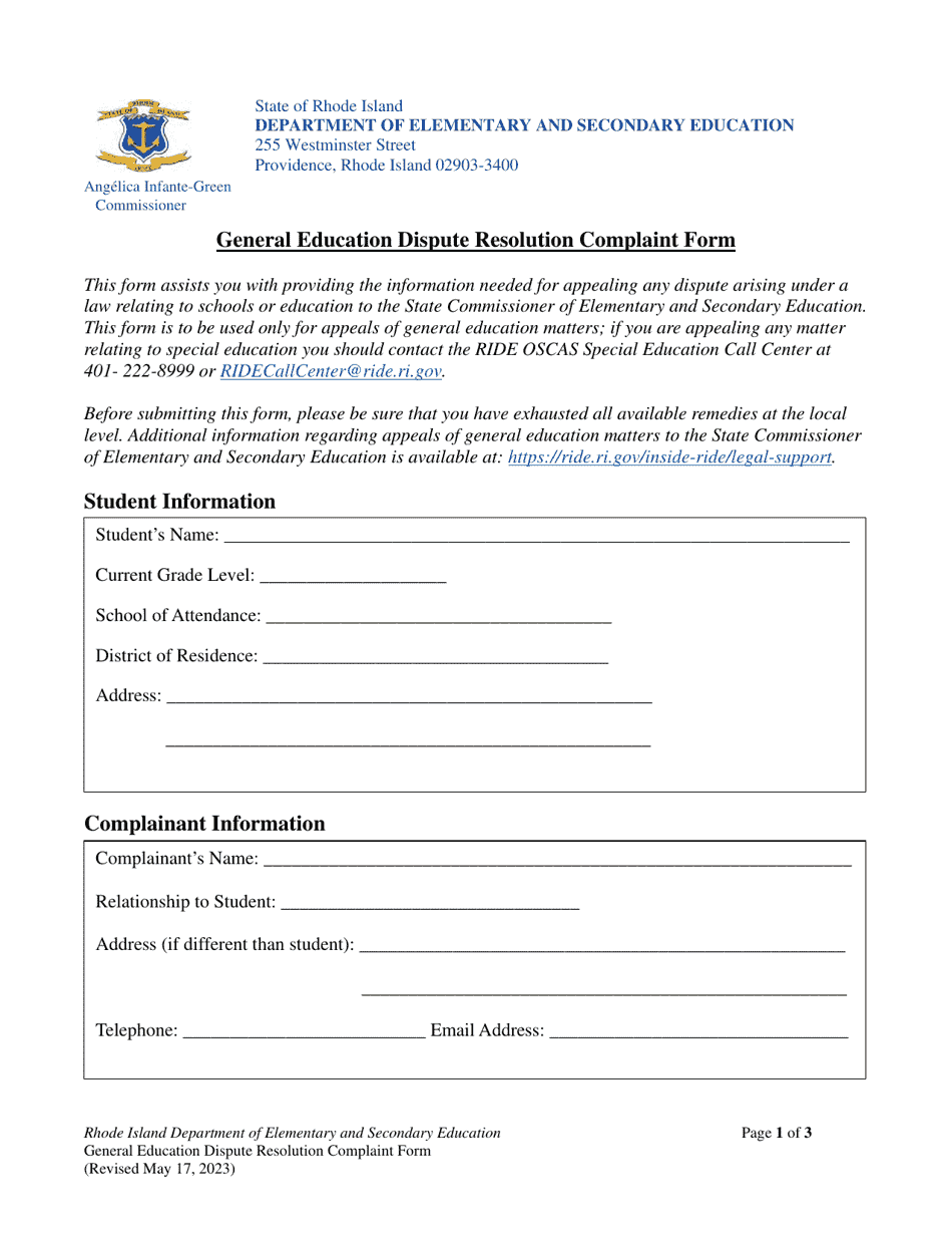 General Education Dispute Resolution Complaint Form - Rhode Island, Page 1