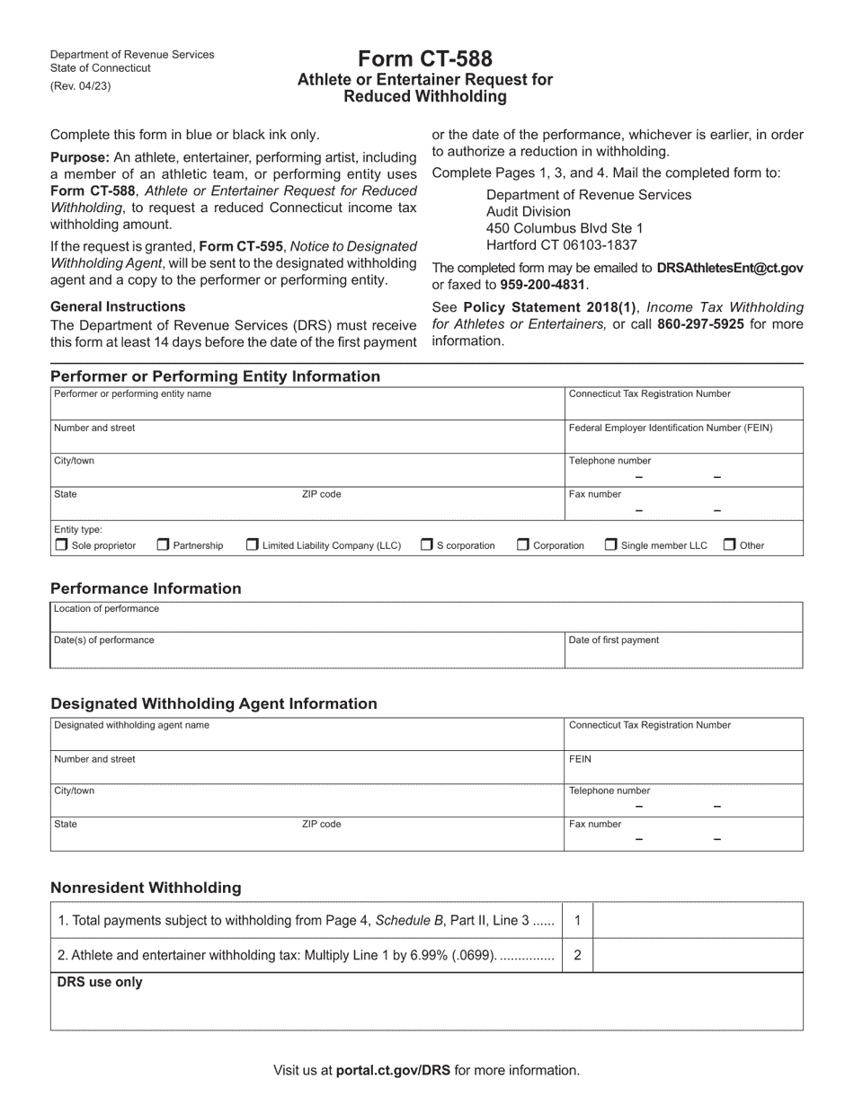 Form CT-588 Athlete or Entertainer Request for Reduced Withholding - Connecticut, Page 1