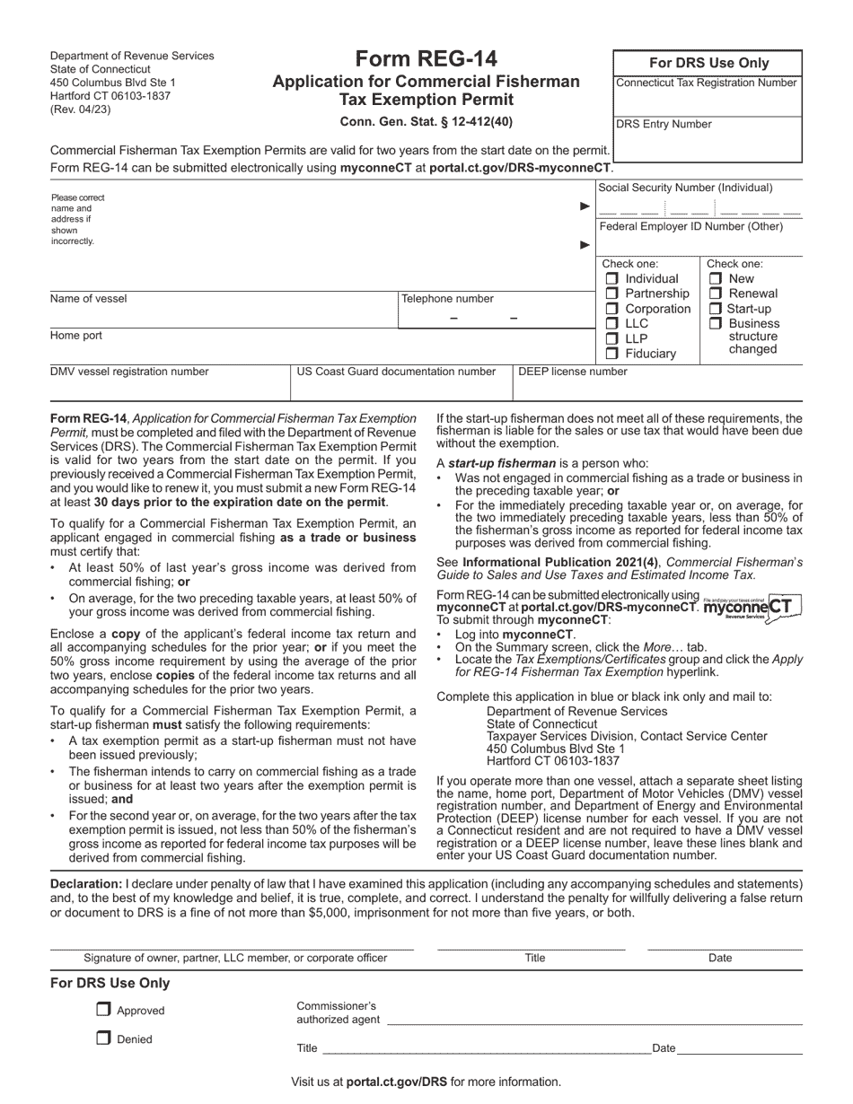 Form REG-14 Application for Commercial Fisherman Tax Exemption Permit - Connecticut, Page 1