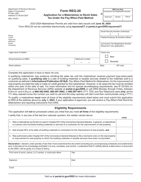Form REG-20 Application for a Materialman to Remit Sales Tax Under the Pay-When-Paid Method - Connecticut, 2024