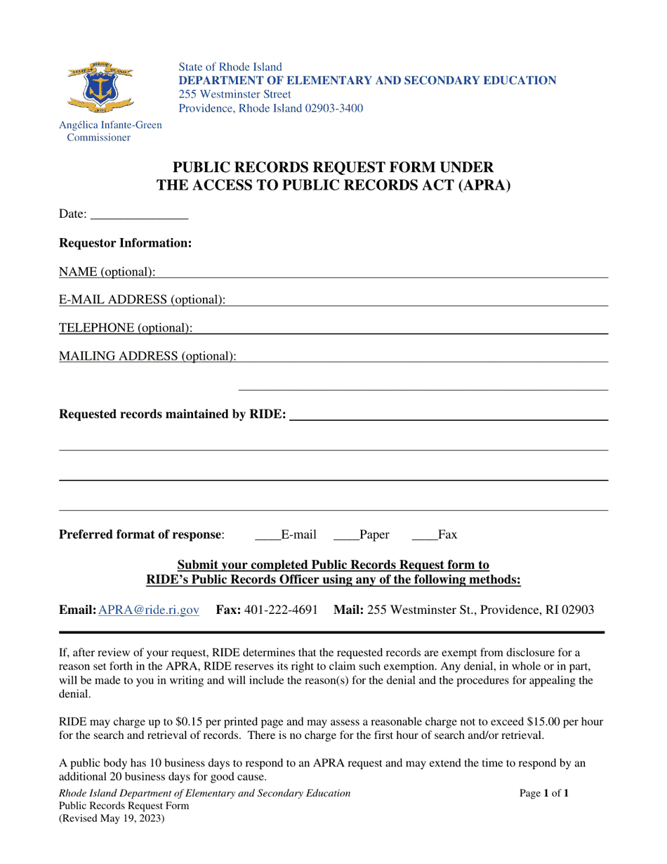 Rhode Island Public Records Request Form Under The Access To Public