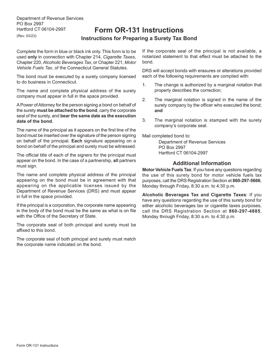 Instructions for Form OR-131 Surety Tax Bond - Connecticut, Page 1