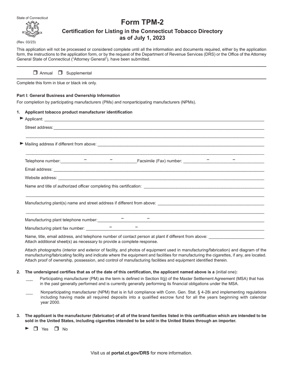 Form TPM-2 Certification for Listing in the Connecticut Tobacco Directory - Connecticut, Page 1