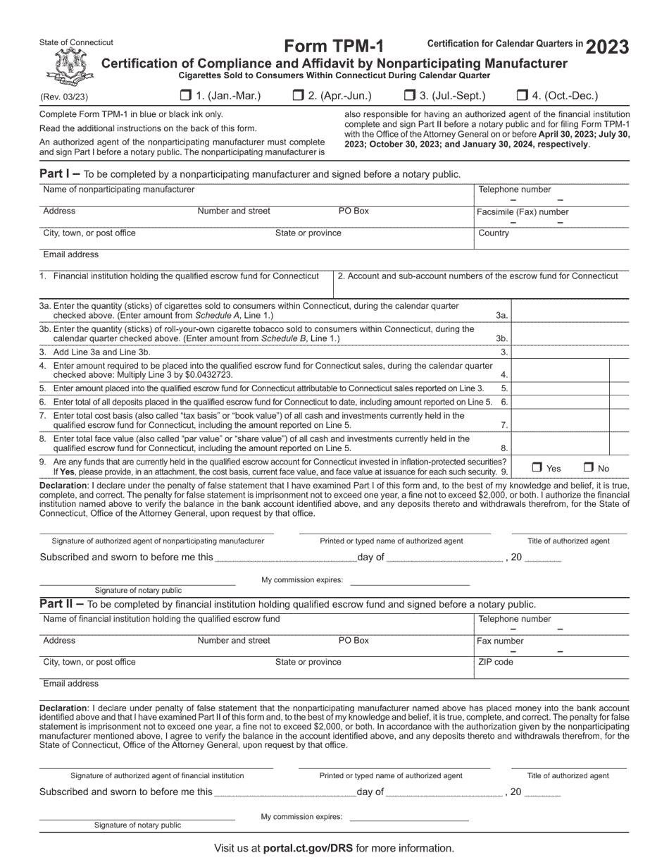 Form TPM-1 Certification of Compliance and Affidavit by Nonparticipating Manufacturer - Connecticut, Page 1