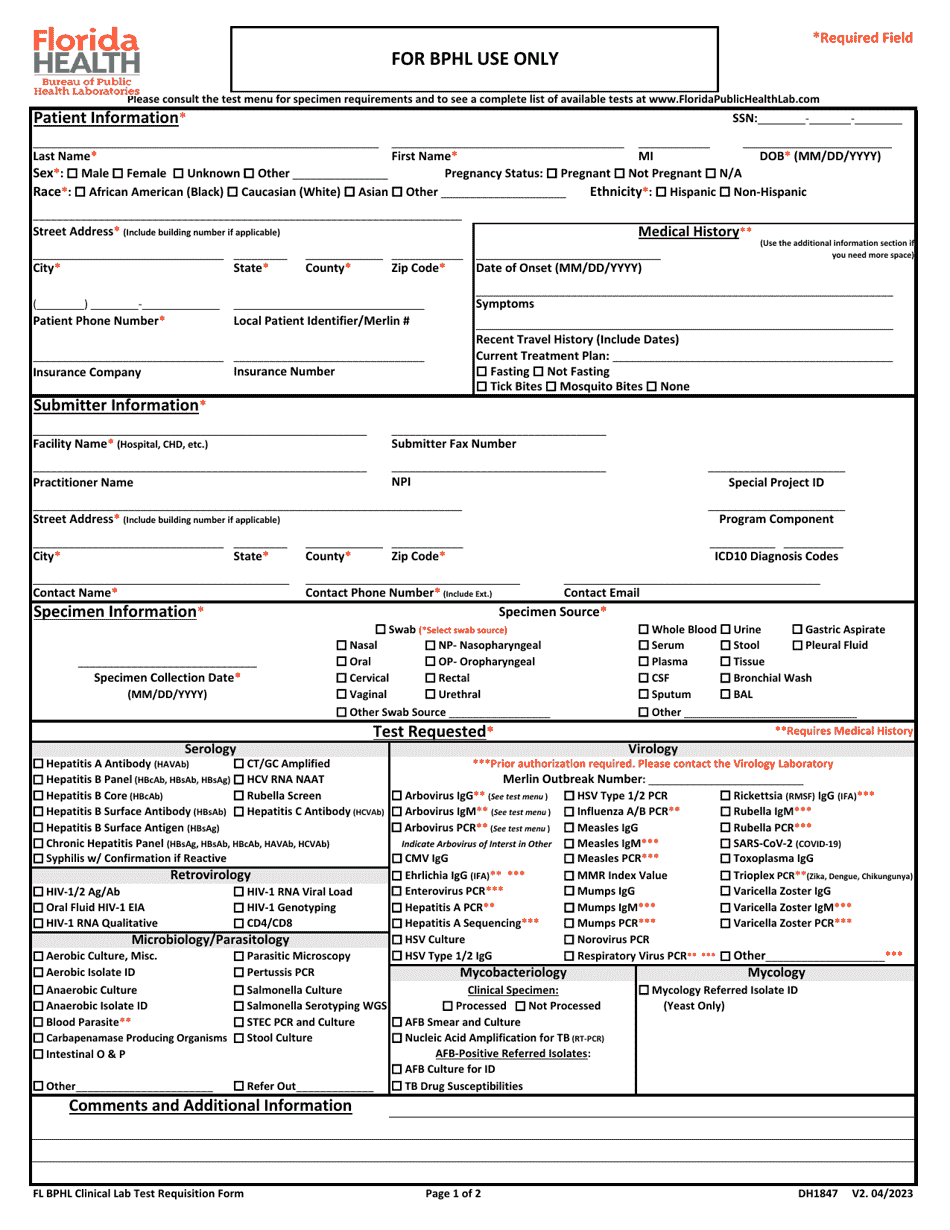 Form DH1847 Bphl Clinical Lab Test Requisition Form - Florida, Page 1