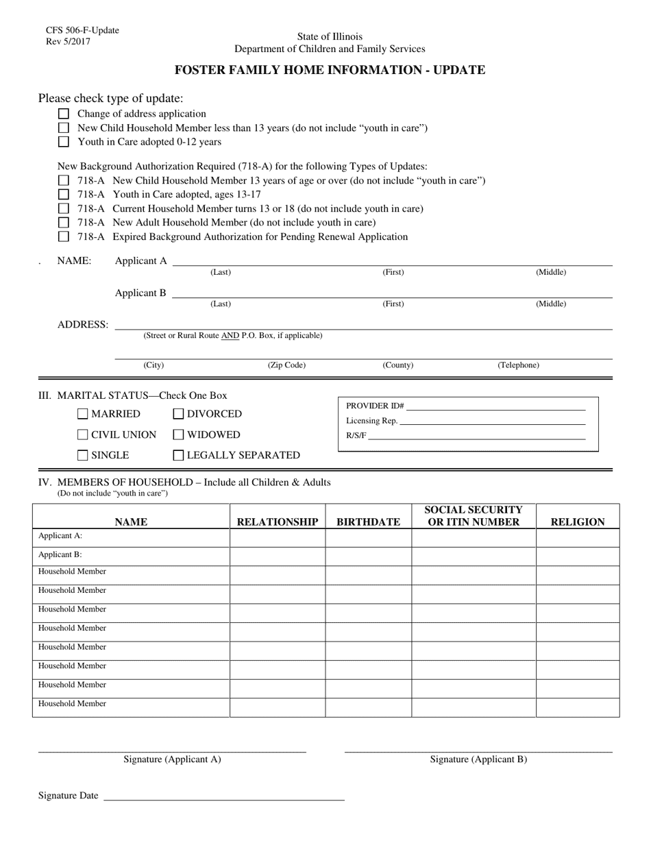Form CFS506-F-UPDATE Foster Family Home Information - Update - Illinois, Page 1