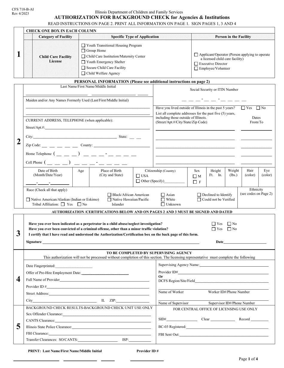 Form CFS718-B-AI Authorization for Background Check for Agencies  Institutions - Illinois, Page 1