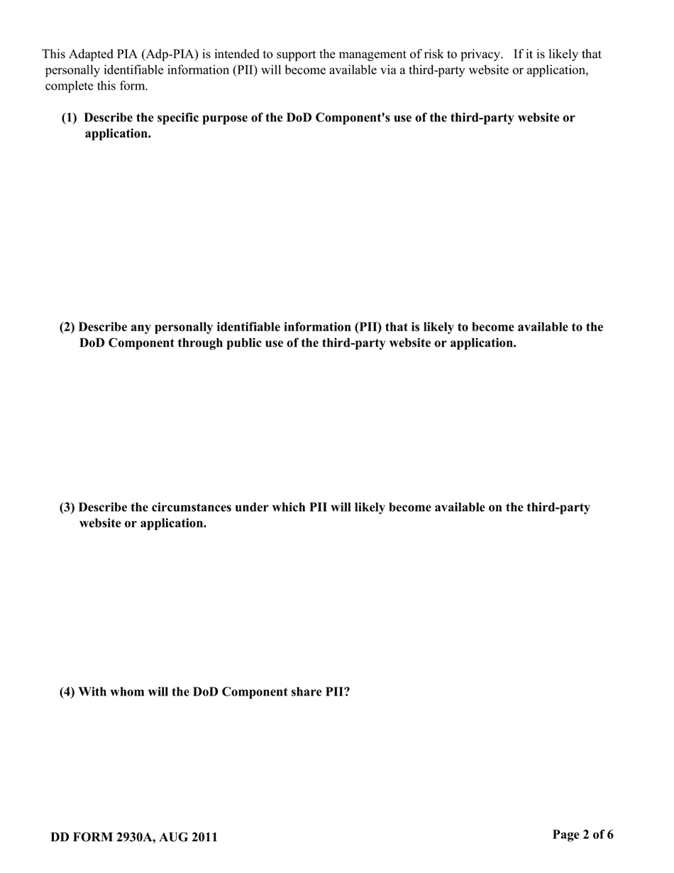 DD Form 2930A Adapted Privacy Impact Assessment (Pia), Page 2