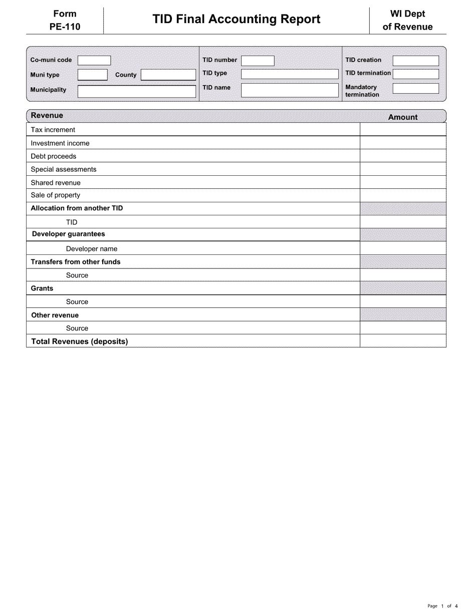 Form PE-110 Tid Final Accounting Report - Wisconsin, Page 1
