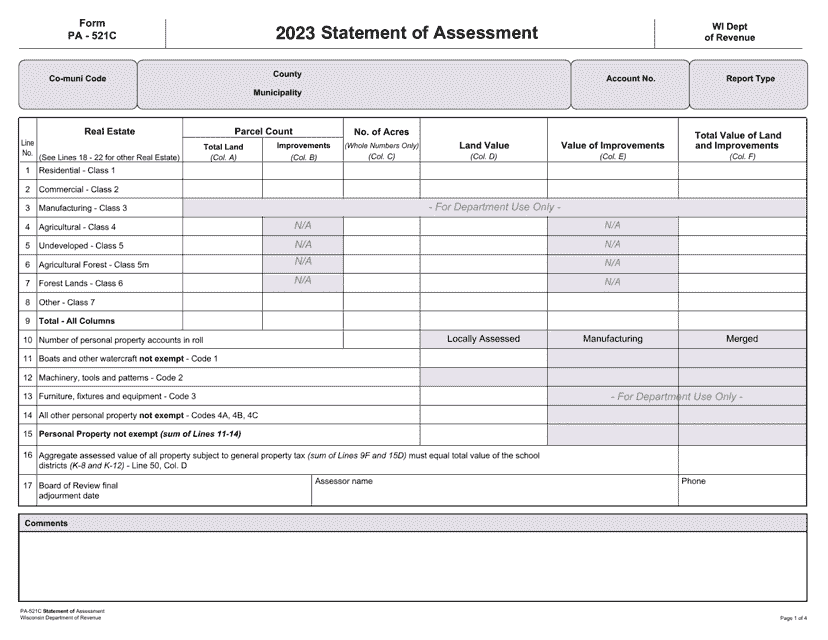 Form PA-521C Statement of Assessment - Wisconsin, 2023
