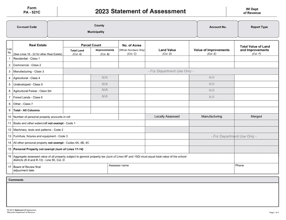 Form PA-521C Statement of Assessment - Wisconsin, Page 1