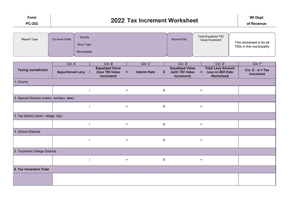 Form PC-202 Tax Increment Worksheet - Wisconsin, Page 1