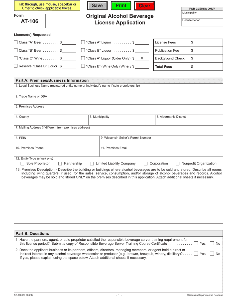 Form AT-106 Original Alcohol Beverage License Application - Wisconsin, Page 1