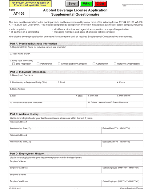 Form AT-103 Alcohol Beverage License Application Supplemental Questionnaire - Wisconsin