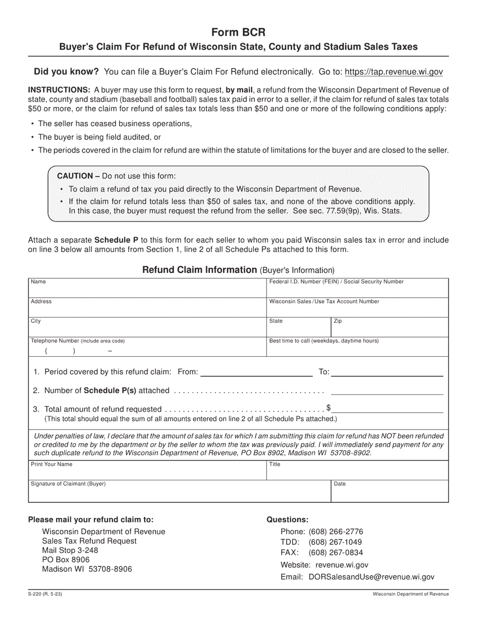 Form BCR (S-220) Buyers Claim for Refund of Wisconsin State, County and Stadium Sales Taxes - Wisconsin, Page 1