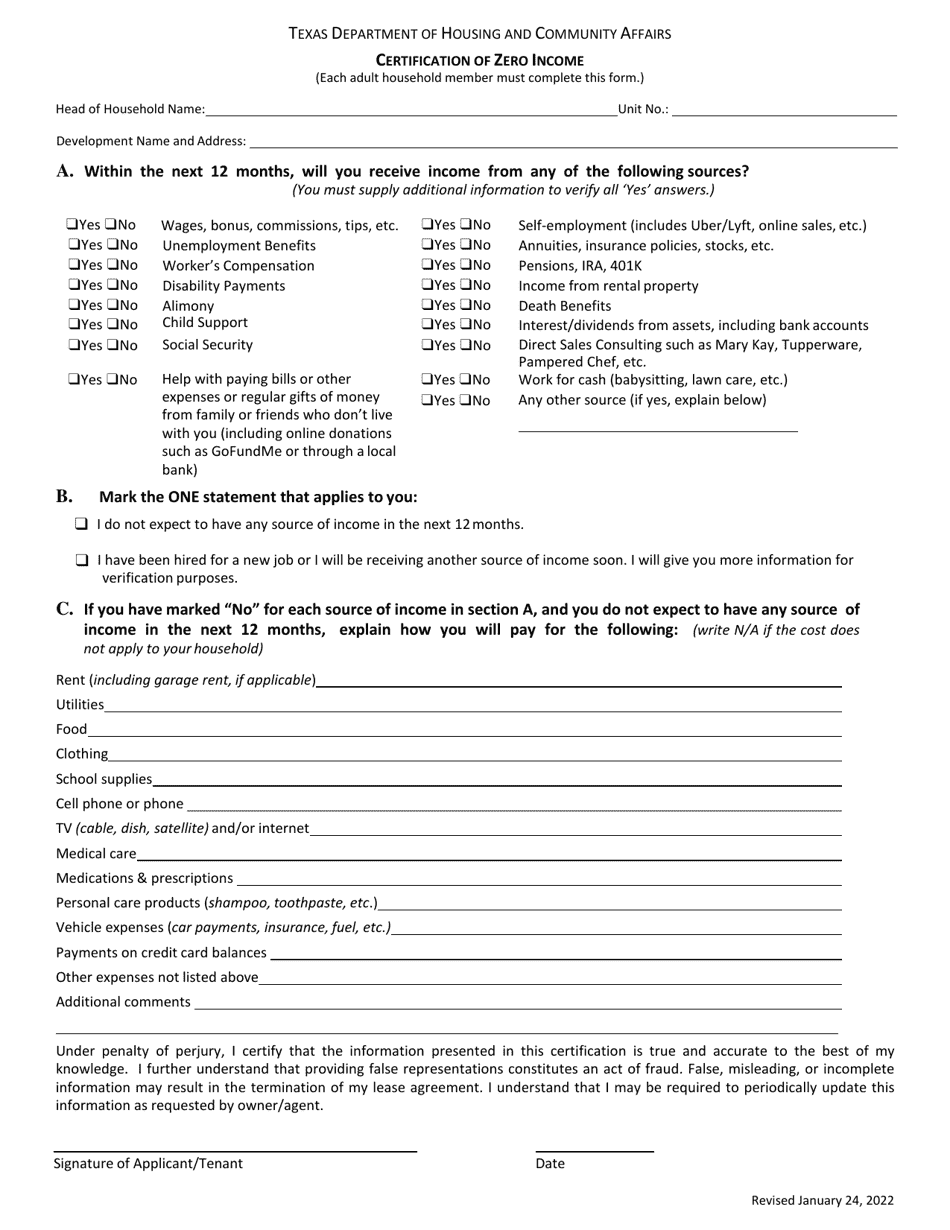 Certification of Zero Income - Texas, Page 1