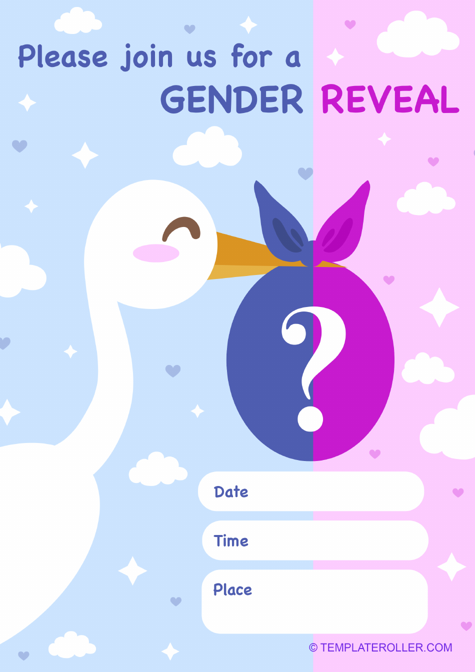 Gender Reveal Invitation Template featuring a stork