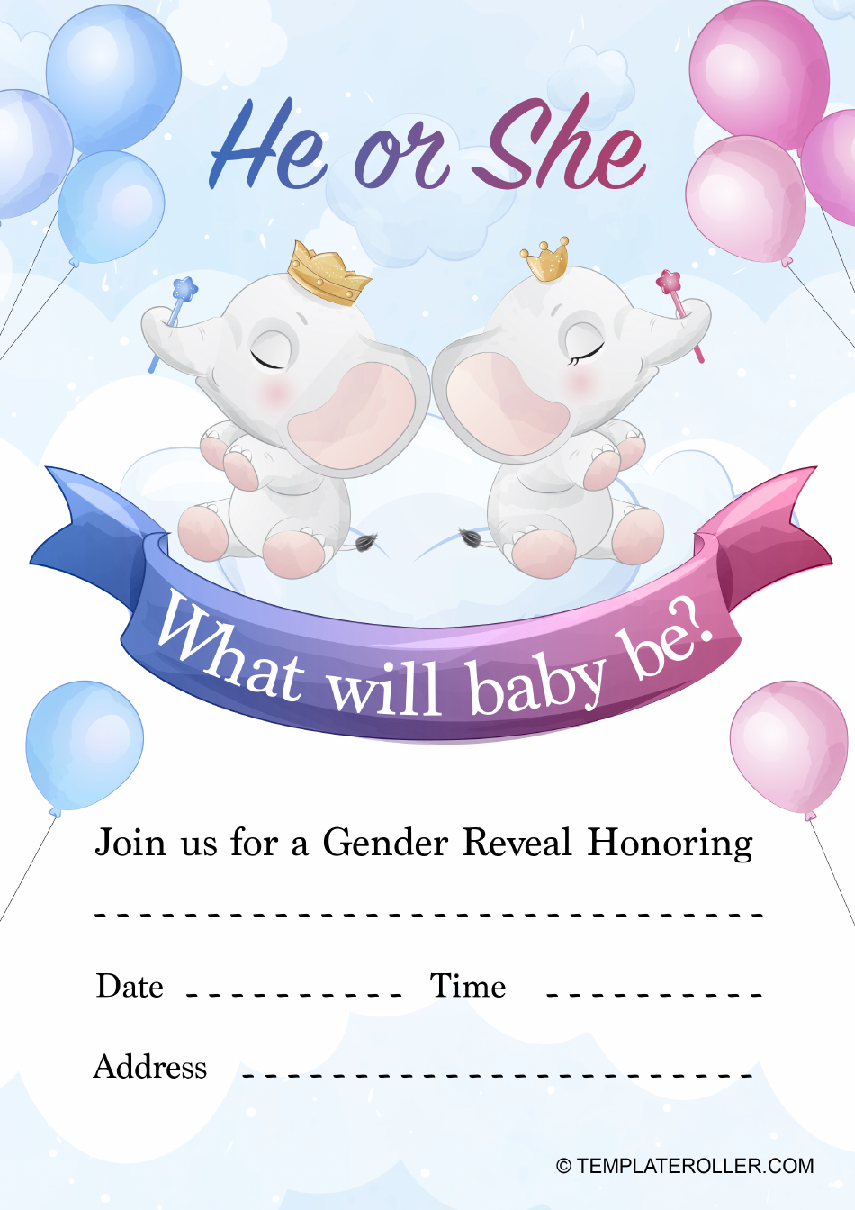 Gender Reveal Invitation Template Elephants Download Printable PDF