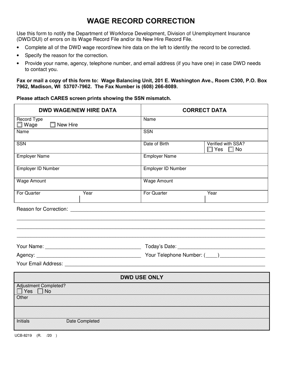 Form UCB-8219-E Wage Record Correction - Wisconsin, Page 1